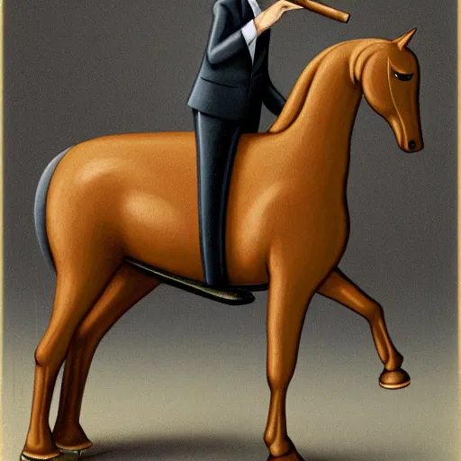 Image similar to an antropomorphic horse wearing a suit smoking a cigar