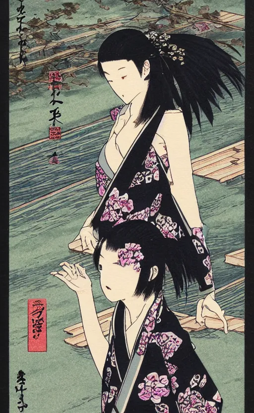 Prompt: by akio watanabe, manga art, a black hair girl walking on wooden lake bridge and iris flowers, trading card front, kimono, realistic anatomy