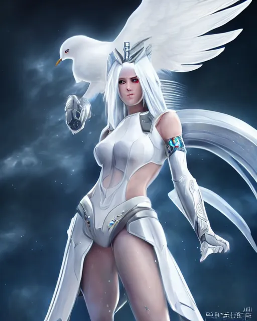 Image similar to perfect white haired attractive egyptian goddess with huge white dove wings, warframe armor, beautiful, symmetric, dreamy, half asian, pretty face, blue eyes, detailed, scifi platform, laboratory, experiment, 4 k, ultra realistic, epic lighting, android body, illuminated, cinematic, masterpiece, art by akihito tsukushi, voidstar