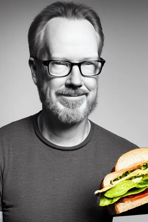 Image similar to 📷 portrait of adam savage with a sandwich for a head, still image, high resolution, 4 k