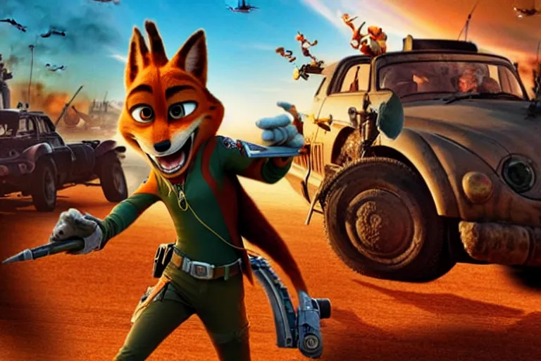 Image similar to nick wilde ( from zootopia ), heavily armed and armored facing down armageddon in a dark and gritty reboot from the makers of mad max : fury road