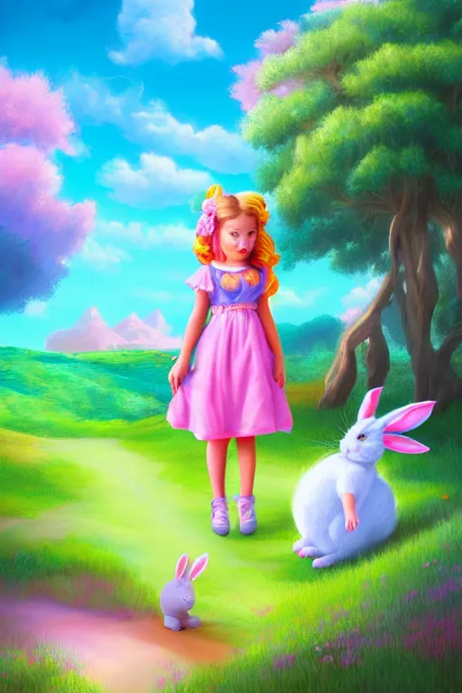 Image similar to matte sharp painting cute little girl and rabbit landscape painted by mark rydel artstation behance storybook lisa frank