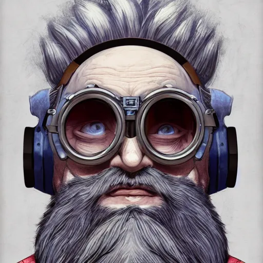 Prompt: a front-facing portrait of an old man with a grey beard and blue hair wearing steampunk goggles, dungeons and dragons character art, highly-detailed illustration, Artstation