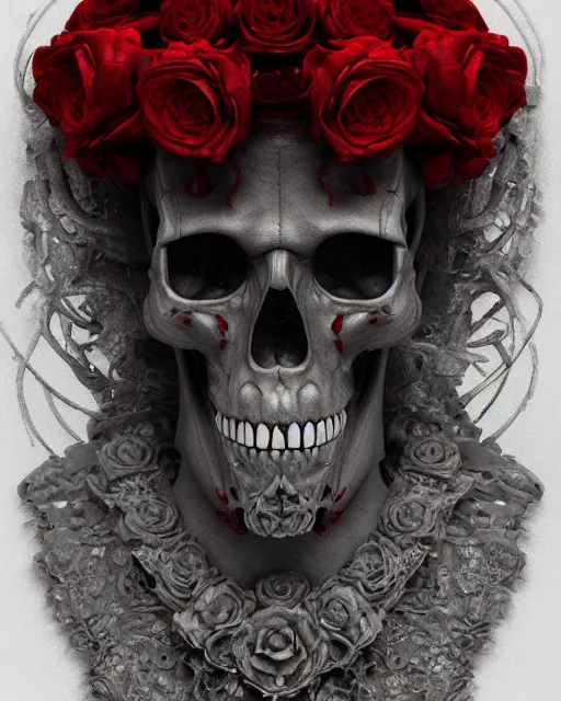 Image similar to skull made of red roses, organic horror, devil, death, giger, epic, baroque, art nouveau, james jean, photorealistic render, 3 ds max + v - ray, extremely detailed and intricate, center composition, elegant, vfx, unreal engine 5, octane render, extremely contrast, extremely sharp lines