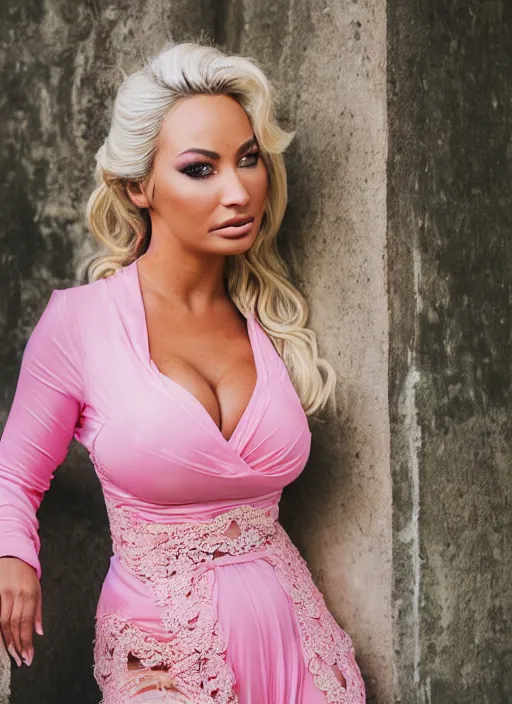 Prompt: portrait of lindsey pelas wearing pink kebaya in bali, by charlotte grimm, natural light, detailed face, canon eos c 3 0 0, ƒ 1. 8, 3 5 mm, 8 k, medium - format print