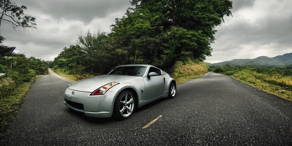 Image similar to Beautiful Photograph of Nissan 350z on a road in Japanese countryside, Night