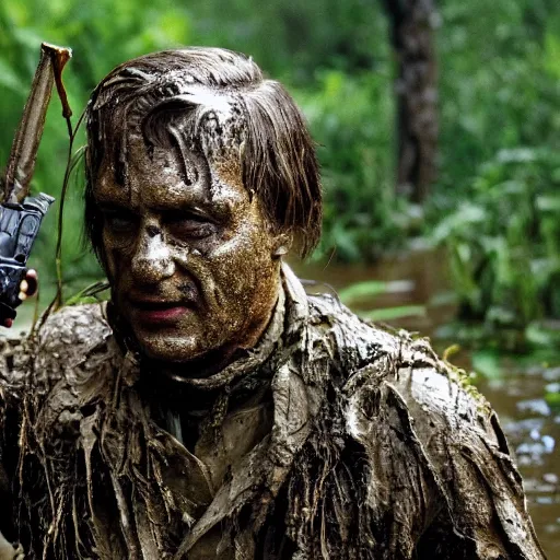 Image similar to film still of hungarian prime minister viktor orban as major dutch, covered in mud and hiding from the predator predator predator in swamp scene in 1 9 8 7 movie predator, hd, 4 k