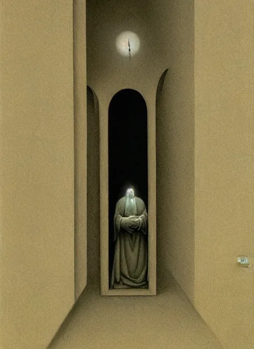 Prompt: A doorway into dunes shows a weeping nun in a flying lantern held aloft by the burning of Aaron\'s Rod Edward Hopper and James Gilleard, Zdzislaw Beksinski, Mark Ryden highly detailed