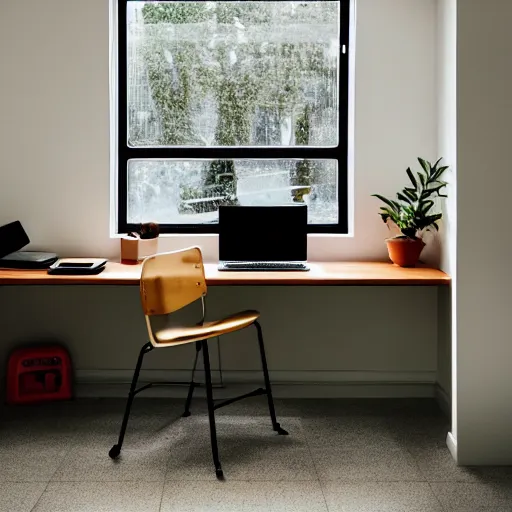 Prompt: a photo of a room with a beautiful computer on a desk running with a diesel engine on a window