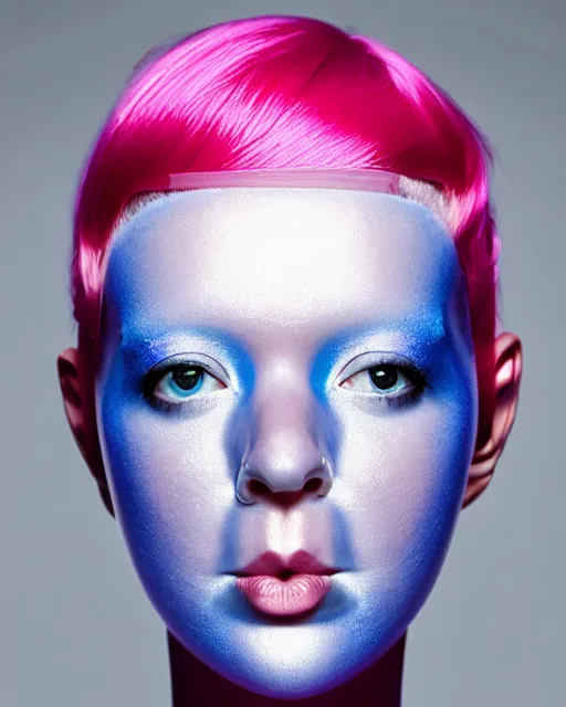 Prompt: symmetrical close - up portrait of a woman wearing a translucent silicone beauty mask and pink hair, wearing a black bodysuit by alexander mcqueen, blue background, soft diffused light, biotechnology, humanoide robot, bjork aesthetic, translucent, by rineke dijkstra, intricate details, highly detailed, masterpiece,