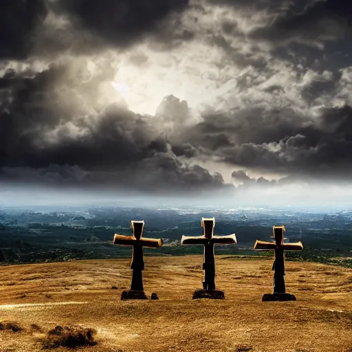 Image similar to cinematic still of three crosses on calvary hill, miraculous cloudy backdrop, Biblical epic movie directed by Peter Jackson, wallpaper, hd