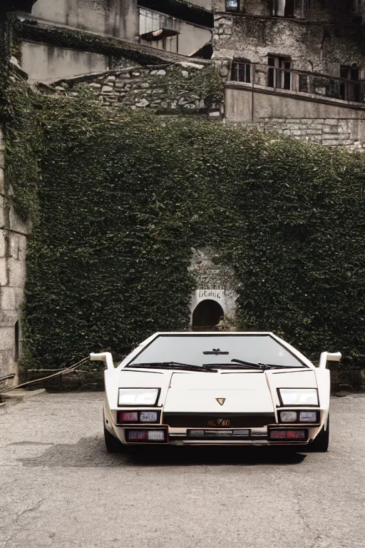 Image similar to Medium Format Portrait Photo of a Lamborghini Countach LP5000 QV parked on a dock in Lake Como, sunny, award winning, highly detailed, depth of field, Cinestill 800t, wide shot, photo print.