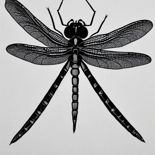 Image similar to dragonfly, black and white, botanical illustration, black ink on white paper, bold lines