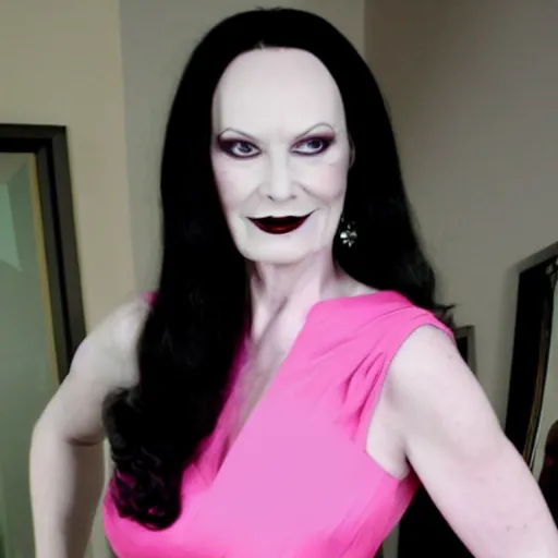 Prompt: morticia adams wearing a pink dress