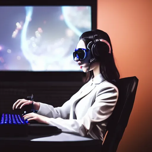 Prompt: cyberpunk girl in a white suit sitting in the corner with large glasses playing video games playing PC game, dark background, dark fantasy background,