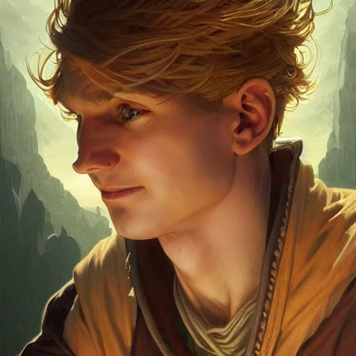 Image similar to an epic fantasy comic book style portrait painting of a young blonde boy thief, d & d, fantasy, joyful smirk, intricate, elegant, highly detailed, digital painting, artstation, concept art, matte, sharp focus, illustration, art by artgerm and greg rutkowski and alphonse mucha