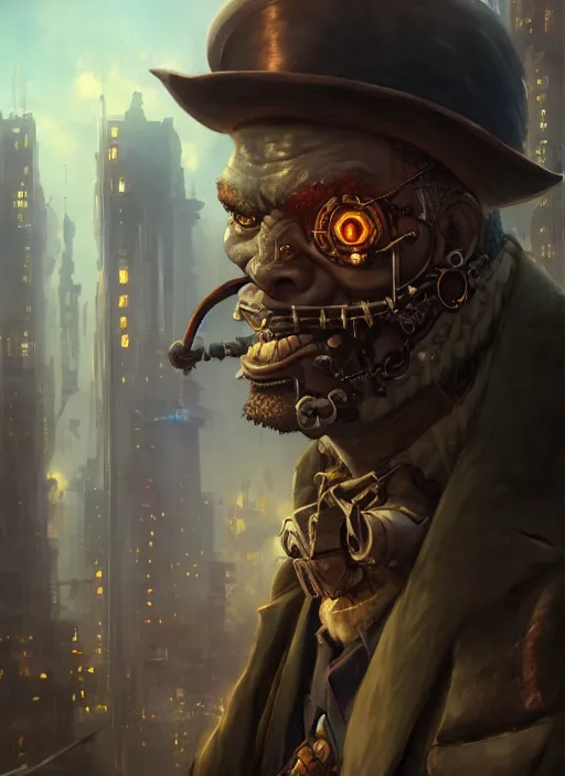 Image similar to a portrait of a steampunk orc in a city, key visual, ambient lighting, highly detailed, digital painting, artstation, concept art, sharp focus, by makoto shinkai and akihiko yoshida and hidari and wlop