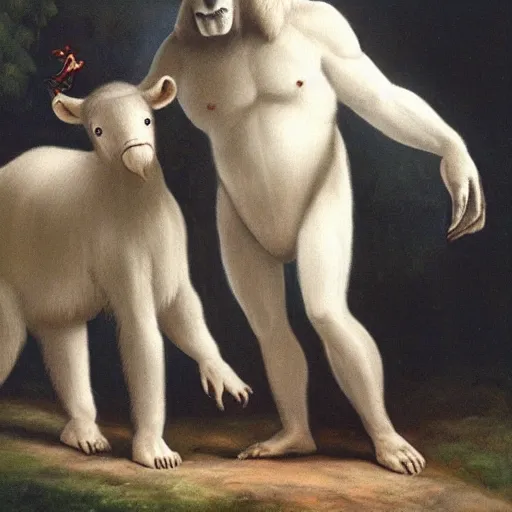 Image similar to A creature with a white ape on the upper body and black horse legs