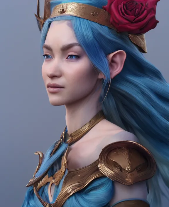 Image similar to a regal elf with long blue windswept hair in a rose gold breastplate, 3 d render by mandy jurgens, artgerm, and lu ji, centered, artsation contest winner, cgsociety, fantasy art, cryengine, concept art, photorealism, daz 3 d, sketchfab, zbrush, vray