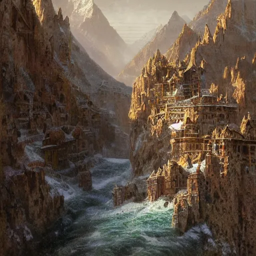 Image similar to artstation concept of a mountainous city in the rocky mountains, numerous vintage/rustic elements, bright colorful, gold, hyperdetailed, artstation trending, world renowned artists, worth1000.com, historic artworks society, antique renewel, cgsociety, by greg rutkowski, by Gustave Dore, Deviantart