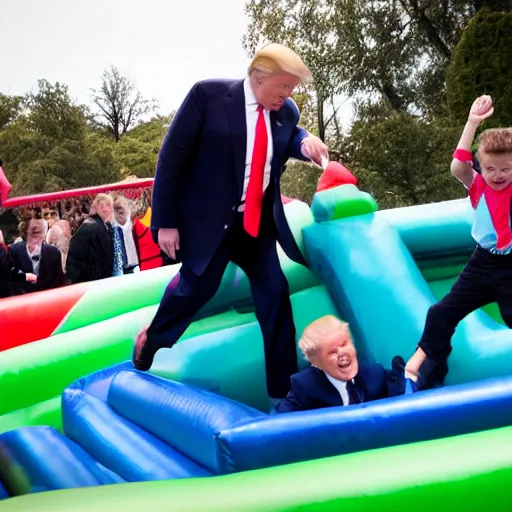 Prompt: Donald Trump pushing the other kids off the bouncy castle