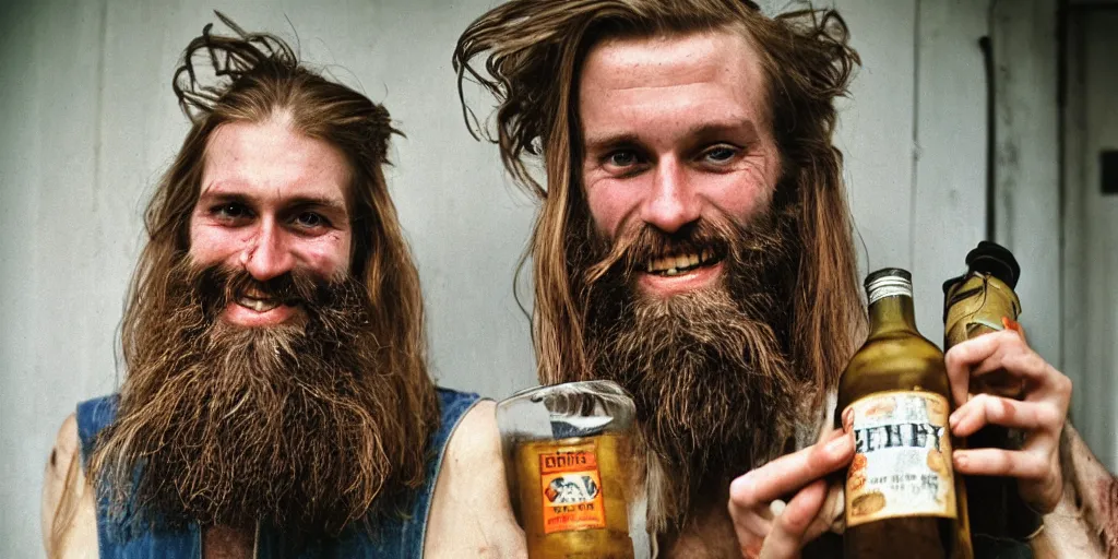 Image similar to extremely skinny malnourished redneck white male with long beard, wearing dirty overalls, dirty greasy face, grin, portrait, close up, he is proudly holding a jug of whiskey, kodak gold 2 0 0, 5 0 mm