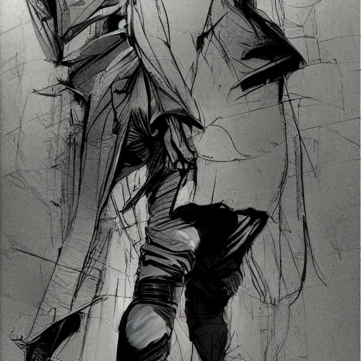 Prompt: concept art character, very high angle view, book cover, walking in cyberpunk valley, highly detailed full body, smooth, sharp focus, organic, appealing, book cover, deep shadows, by Dave McKean sketch lineart for character design