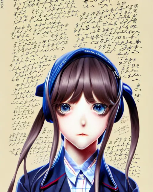 Prompt: richly detailed color  illustration of a young truant female loner prep highschool student surrounded by beautiful cursive writing, large format image. illustrated by Range Murata. 3D shadowing.