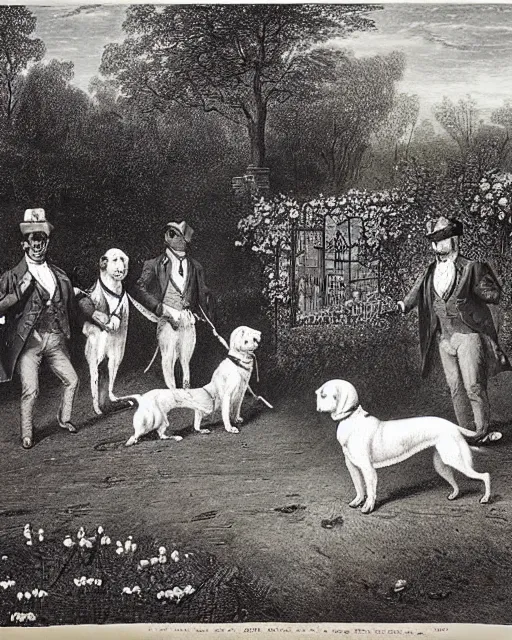 Prompt: “Who Let the Dogs Out” constables investigate the scene of a quaint garden, overrun by champion show dogs canines, a Victorian lithograph