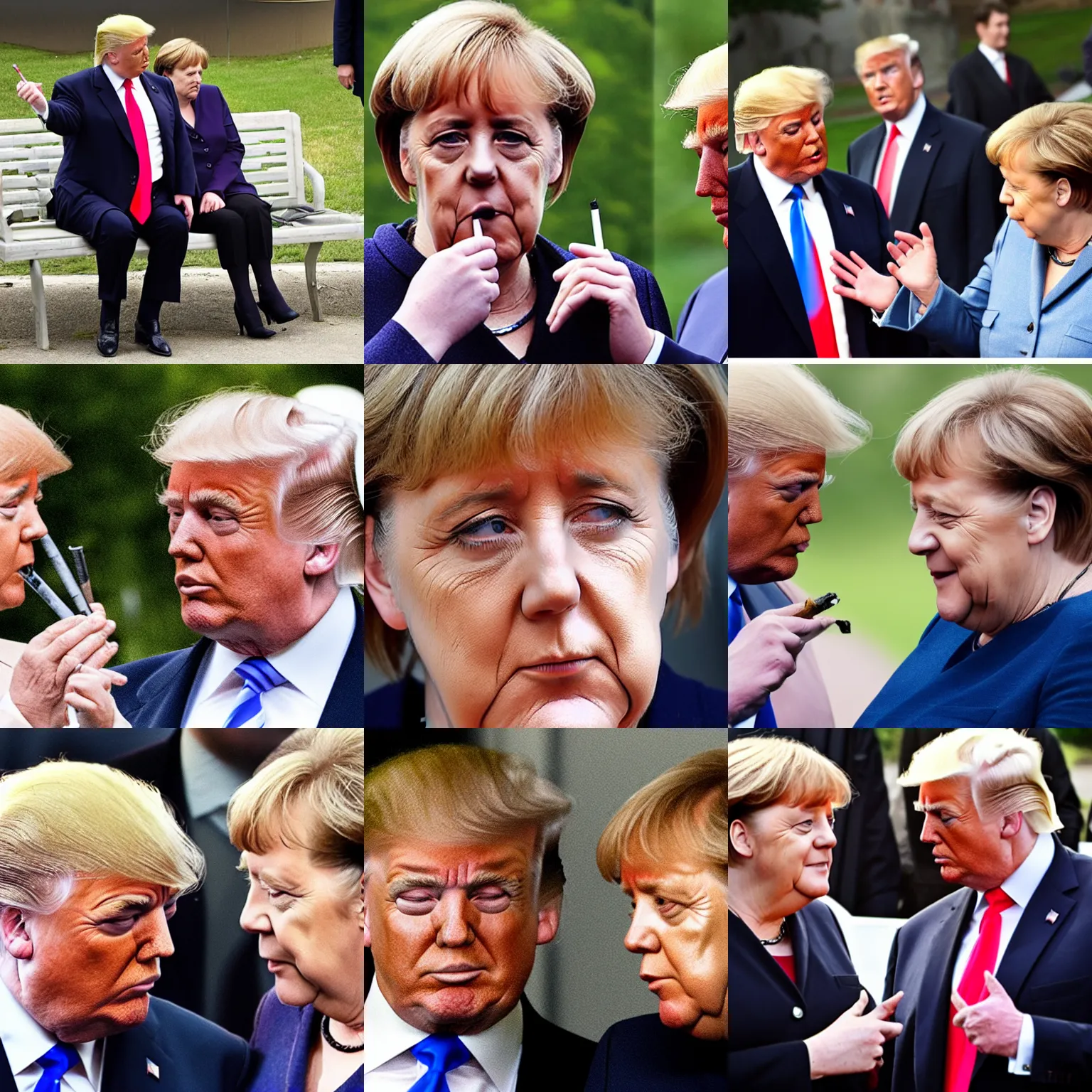 Prompt: Angela Merkel smoking a joint together with trump