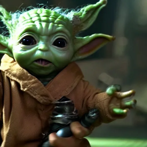 Image similar to baby Yoda Playing with Groot in guardians of the Galaxy 4k detailed super realistic