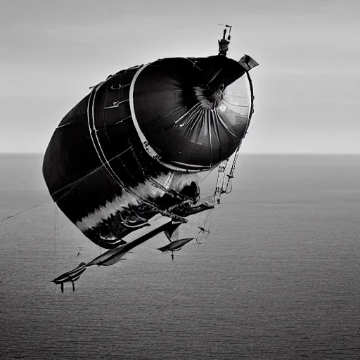 Prompt: Black and White photo of steampunk airship flying across the Atlantic Ocean