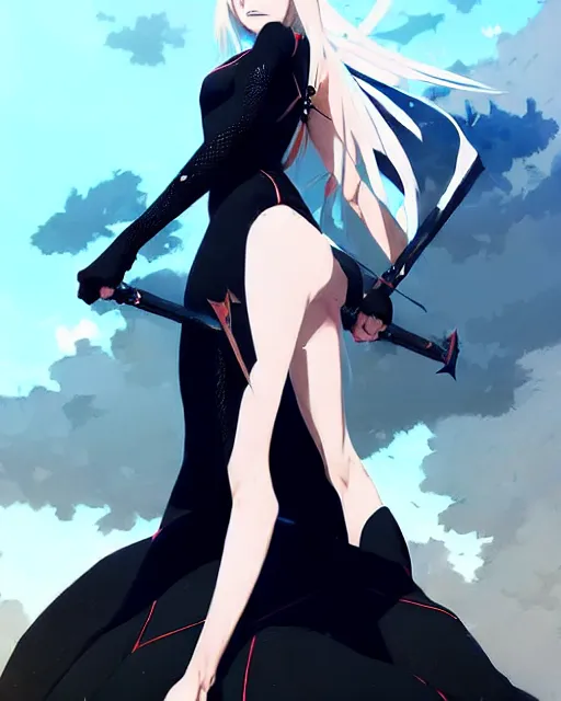 Image similar to a ultradetailed beautiful panting of artoria pendragon in a black dress, by conrad roset, greg rutkowski and makoto shinkai, trending on artstation