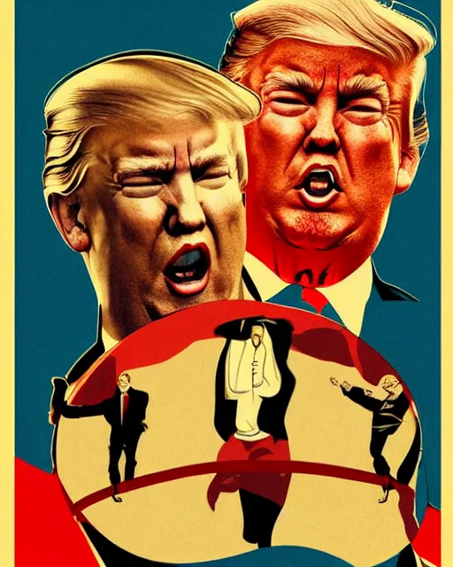 Image similar to vintage illustrated poster of Trump vs Putin wrestling match, hyper realism, high detail, vintage palette, old paper , 8k