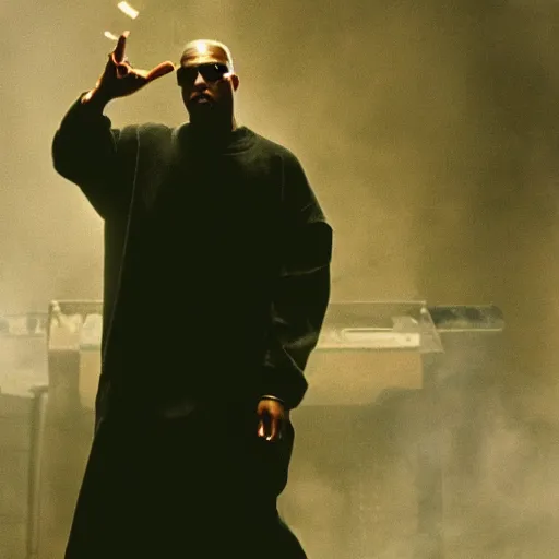 Image similar to film still of kanye west as morpheus in the matrix