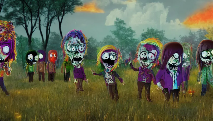 Prompt: night of the living dead by lisa frank's. rotting corpse, zombies, octane render, unreal 5 8 k depth of field, highly - detailed, in the style of south park