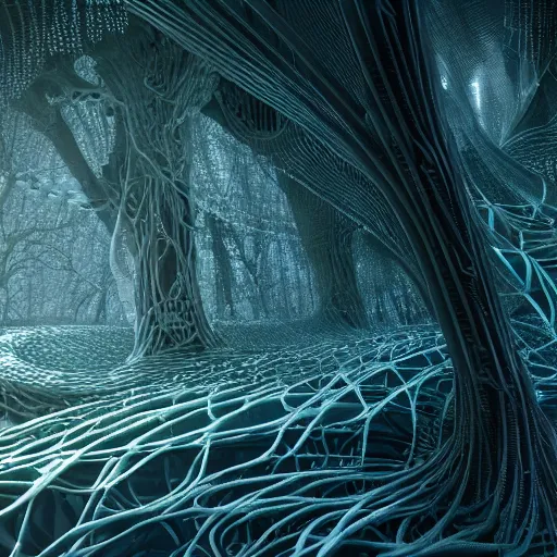 Image similar to biocomputer human organ inside a bio - neural network made like antique lace, in a biomechanical cave forest, environment, matte painting, diffused lighting, highly detailed cinematic, atmosphere, diffused lighting, highly detailed digital art, trending on artstation, depth of field, wide angle