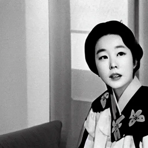 Image similar to The 1960s actress Choi Eun-Hee in a hanbok sitting on a couch, the room is dimly-lit and a starfish\'s arm reaches through the window, minimal cinematography by Akira Kurosawa, movie filmstill, 1950s film noir, thriller by Kim Jong-il and Shin Sang-ok, abstract occult epic composition