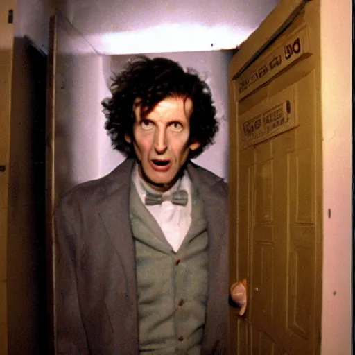 Prompt: grainy photo of doctor who as a creepy monster in a closet, harsh flash