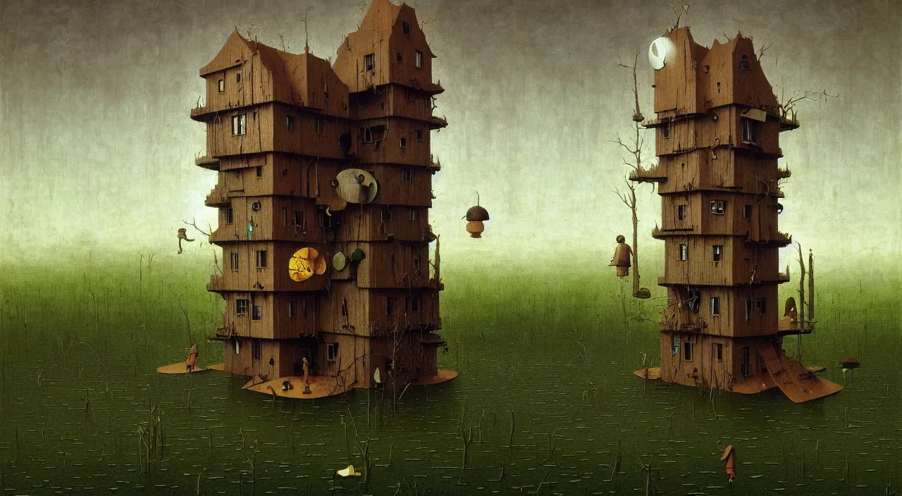 Prompt: single flooded simple fungus wooden tower, very coherent and colorful high contrast ultradetailed photorealistic masterpiece by franz sedlacek hieronymus bosch dean ellis simon stalenhag rene magritte gediminas pranckevicius, dark shadows, sunny day, hard lighting