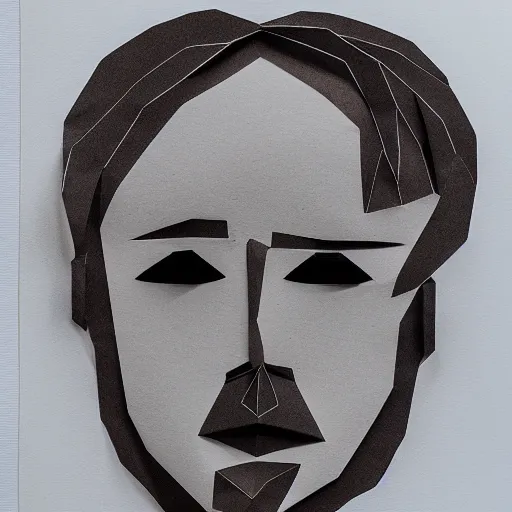 Image similar to a face of a man with wavey medium short hair made from layered paper, 2D, flat minimalistic, ambient light