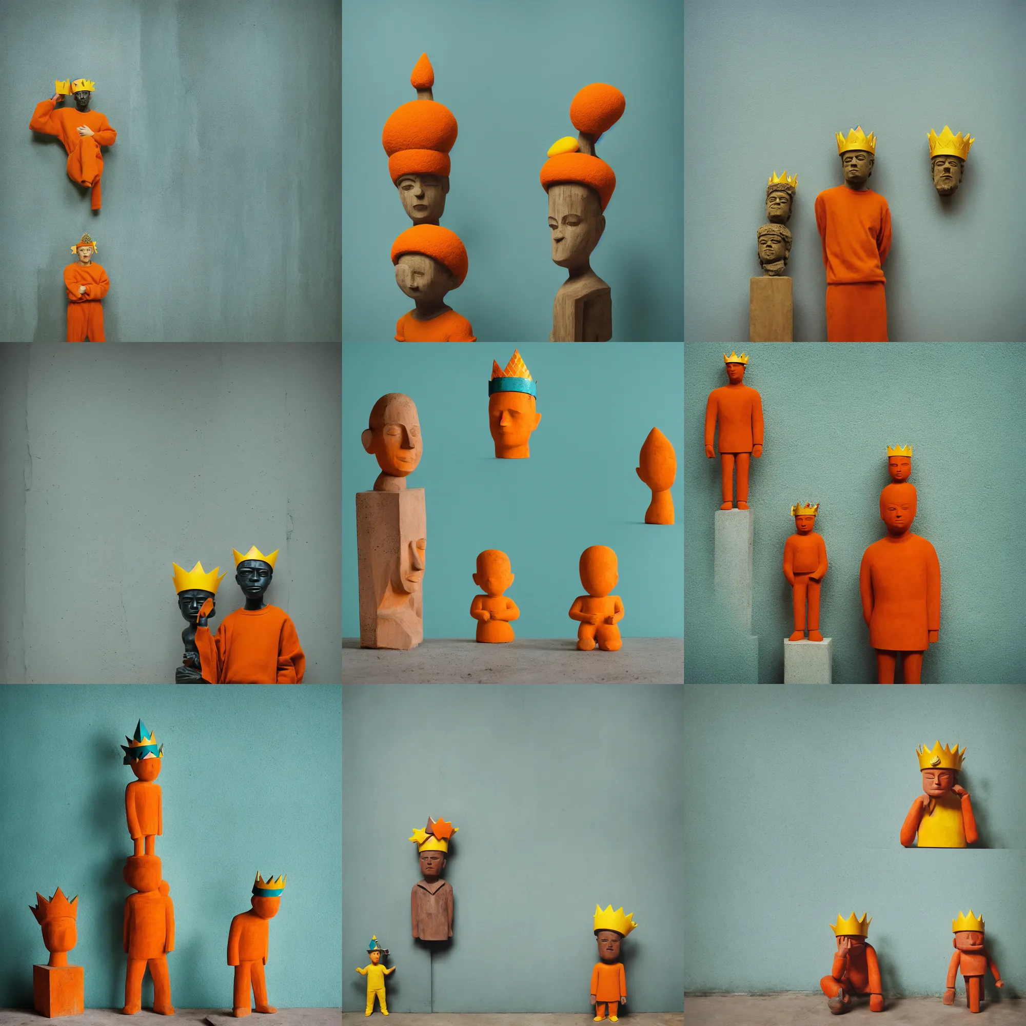 Image similar to kodak portra 4 0 0, 8 k, shot of a highly detailed, britt marling style, colour still - life portrait of a large minimalistic room, rough concrete walls, the rough carved wooden statue of a teal and orange striped little man with a yellow crown on his head, muted colours