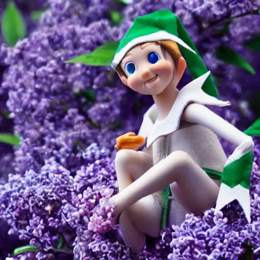 Prompt: a realistic elf is sitting at a close distance, he has a good - natured dreamy look, transparent wings, he is sitting on a beautiful blue flower around a lilac mist c 7. 0