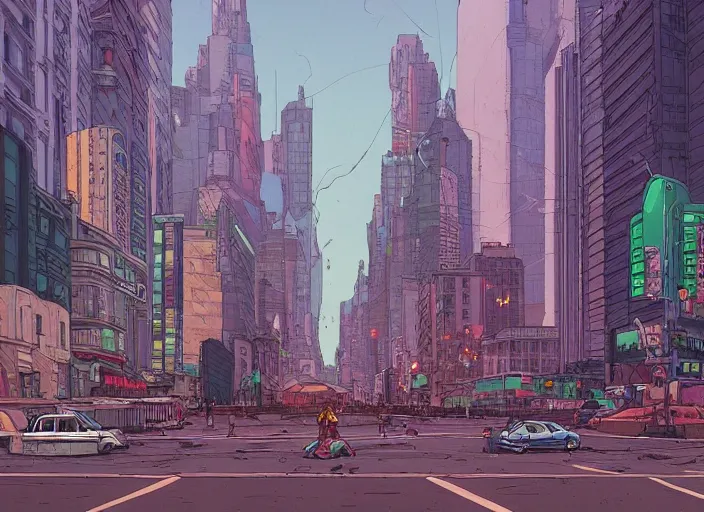 Image similar to a view of a city at street level, no cars. sharp focus, cinematic pose, cinematic lighting, unreal engine render. art by josan gonzales and moebius and deathburger.