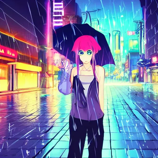 Image similar to anime girl intimidating look sharp blade looking into camera rain glowing city neon night, ghibli style