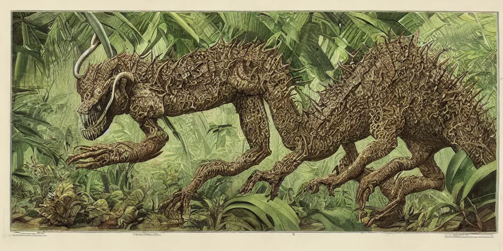 Image similar to Intricate detailed scientific illustration, Terrifying and evil creature discovered in a tropical jungle, vintage,