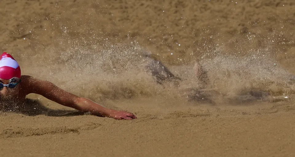 Image similar to olympic swimming in sand instead of water, extremely coherent, motion blur