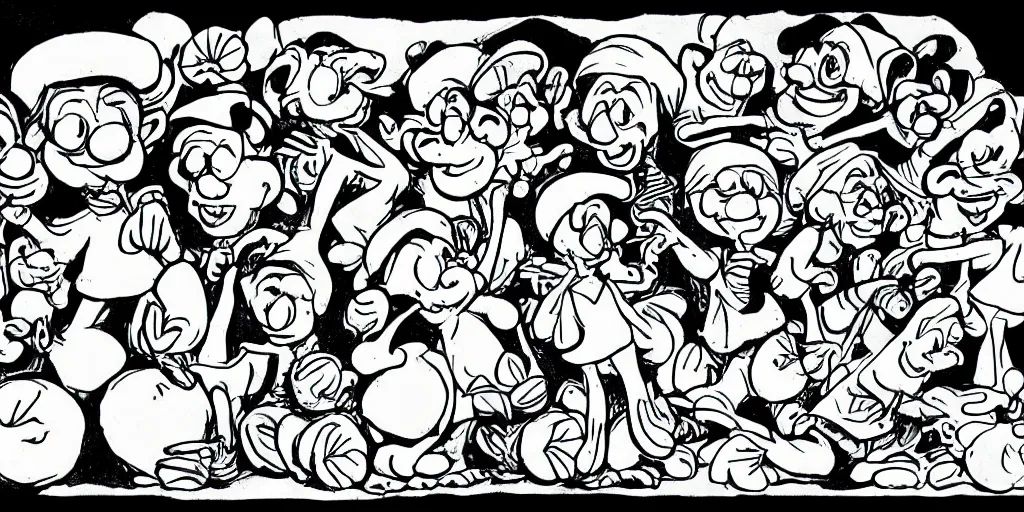 Image similar to smurfs and long whitr bones black and white, line art, pen & ink drawing