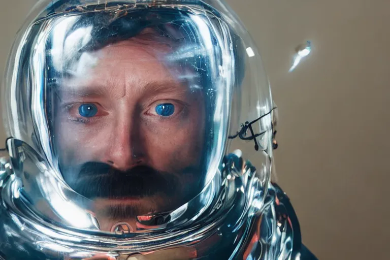 Image similar to thom yorke singer songwriter in a reflective space helmet, helmet filling up with water, video art, anamorphic lens flare, datamosh, beautiful blue eyes, eyes reflecting into eyes reflecting into infinity, eyes reflecting into eyes reflecting into infinity, dramatic lighting