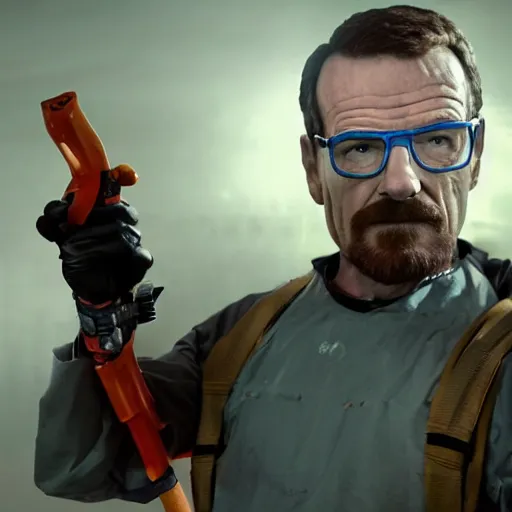 Prompt: Film still of Bryan Cranston dressed up as Gordon Freeman in an HEV Suit holding a crowbar for the Half Life Movie with a dark and foggy background, 4k resolution, 8k resolution, HD Quality, highly detailed, very detailed, detailed, studio quality lighting, digital art, trending on artstation, Dramatic, Dramatic Lighting, Dramatic Angle, Epic, film still